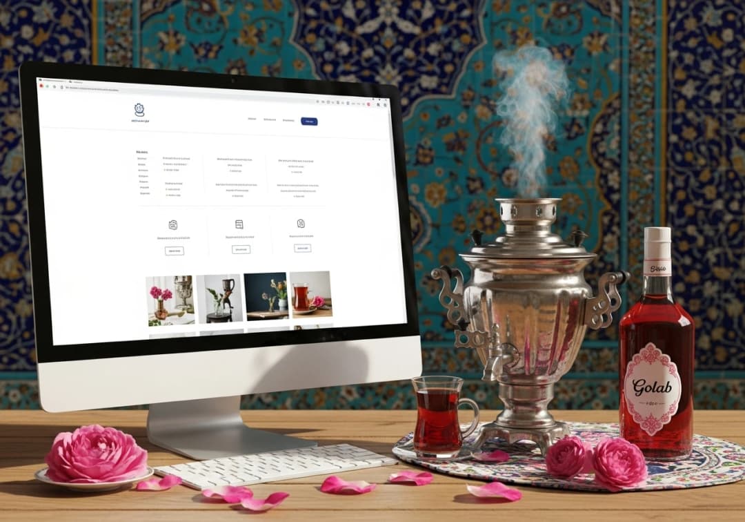 مانیتور در حال نمایش یک وب سایت حرفه ای در کنار المان های سنتی شیراز